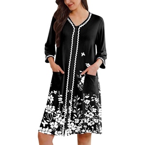 image:imageEkouaer Zipper Robes for Women 34 Sleeves House Coat 2026 Zip Up Bathrobe  Lightweight Soft V Neck Comfy Summer Side Split Zipper Front Nightgown with Pockets SleepwearBlack White Floral