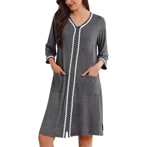 image:imageEkouaer Zipper Robes for Women 34 Sleeves House Coat 2026 Zip Up Bathrobe  Lightweight Soft V Neck Comfy Summer Side Split Zipper Front Nightgown with Pockets SleepwearDeep Gray