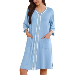 image:imageEkouaer Zipper Robes for Women 34 Sleeves House Coat 2026 Zip Up Bathrobe  Lightweight Soft V Neck Comfy Summer Side Split Zipper Front Nightgown with Pockets SleepwearPale Blue
