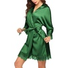 image:imageEkouaer Womens Silk Robes Short Lace Trim Satin Bride Bathrobe with Pockets  Soft satin fabricTwo Pockets Lace trim 34 sleevesInner tie Outer beltSleepwear Loungewear WeddingsDeep Green