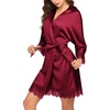 image:imageEkouaer Womens Silk Robes Short Lace Trim Satin Bride Bathrobe with Pockets  Soft satin fabricTwo Pockets Lace trim 34 sleevesInner tie Outer beltSleepwear Loungewear WeddingsWine Red