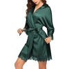 image:imageEkouaer Womens Silk Robes Short Lace Trim Satin Bride Bathrobe with Pockets  Soft satin fabricTwo Pockets Lace trim 34 sleevesInner tie Outer beltSleepwear Loungewear WeddingsDark Green