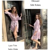 image:imageEkouaer Womens Silk Robes Short Lace Trim Satin Bride Bathrobe with Pockets  Soft satin fabricTwo Pockets Lace trim 34 sleevesInner tie Outer beltSleepwear Loungewear WeddingsLavender
