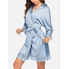 image:imageEkouaer Womens Silk Robes Short Lace Trim Satin Bride Bathrobe with Pockets  Soft satin fabricTwo Pockets Lace trim 34 sleevesInner tie Outer beltSleepwear Loungewear WeddingsLight Blue