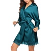 image:imageEkouaer Womens Silk Robes Short Lace Trim Satin Bride Bathrobe with Pockets  Soft satin fabricTwo Pockets Lace trim 34 sleevesInner tie Outer beltSleepwear Loungewear WeddingsPeacock Blue