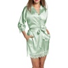 image:imageEkouaer Womens Silk Robes Short Lace Trim Satin Bride Bathrobe with Pockets  Soft satin fabricTwo Pockets Lace trim 34 sleevesInner tie Outer beltSleepwear Loungewear WeddingsLight Green