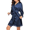 image:imageEkouaer Womens Silk Robes Short Lace Trim Satin Bride Bathrobe with Pockets  Soft satin fabricTwo Pockets Lace trim 34 sleevesInner tie Outer beltSleepwear Loungewear WeddingsNavy Blue