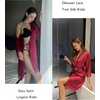 image:imageEkouaer Womens Silk Robes Short Lace Trim Satin Bride Bathrobe with Pockets  Soft satin fabricTwo Pockets Lace trim 34 sleevesInner tie Outer beltSleepwear Loungewear WeddingsWine Red