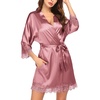 image:imageEkouaer Womens Silk Robes Short Lace Trim Satin Bride Bathrobe with Pockets  Soft satin fabricTwo Pockets Lace trim 34 sleevesInner tie Outer beltSleepwear Loungewear WeddingsGray Purple