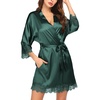 image:imageEkouaer Womens Silk Robes Short Lace Trim Satin Bride Bathrobe with Pockets  Soft satin fabricTwo Pockets Lace trim 34 sleevesInner tie Outer beltSleepwear Loungewear WeddingsDark Green