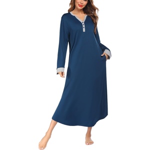 image:imageEkouaer Nightgowns for Women Long Sleeve Winter Night Gown with Pockets  Long Nightgown Plus Size Lounge Dress Button Down Sleepshirts V Neck Night Shirt Warm Sleepwear Full Length LoungewearNavy
