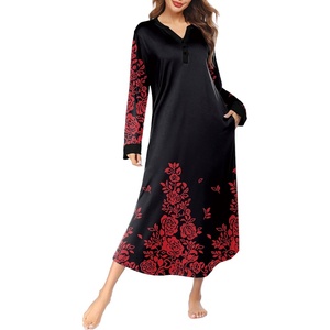 image:imageEkouaer Nightgowns for Women Long Sleeve Winter Night Gown with Pockets  Long Nightgown Plus Size Lounge Dress Button Down Sleepshirts V Neck Night Shirt Warm Sleepwear Full Length LoungewearBlack Red Flower