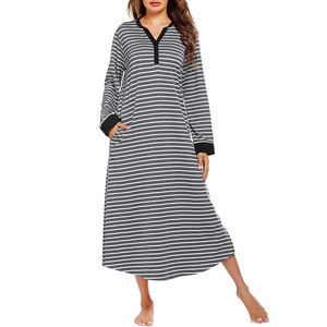 image:imageEkouaer Nightgowns for Women Long Sleeve Winter Night Gown with Pockets  Long Nightgown Plus Size Lounge Dress Button Down Sleepshirts V Neck Night Shirt Warm Sleepwear Full Length LoungewearGrey White Striped