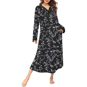 image:imageEkouaer Nightgowns for Women Long Sleeve Winter Night Gown with Pockets  Long Nightgown Plus Size Lounge Dress Button Down Sleepshirts V Neck Night Shirt Warm Sleepwear Full Length LoungewearBlack White Floral