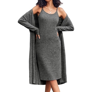 image:imageEkouaer Womens Knit Robe Set 2 Piece Nightgown with Robes Long Sleeves Lounge Sets with Pockets S 3XLBlack Gray