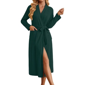 image:imageEkouaer Womens Robes Long Bathrobe Ribbed Knit Kimono Robe Soft Sleepwear  Lightweight Robes with Pockets Casual Ladies Loungewear Long Sleeves Midcalf LengthDark Green