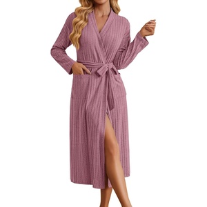 image:imageEkouaer Womens Robes Long Bathrobe Ribbed Knit Kimono Robe Soft Sleepwear  Lightweight Robes with Pockets Casual Ladies Loungewear Long Sleeves Midcalf LengthDusty Rose