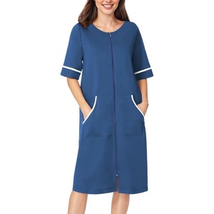 image:imageEkouaer Zip Up Robes for Women Short Zipper Front House Coats with Pockets  Short Sleeve Soft Duster Housecoat Ladies Robes Stretchy Zip Front Nightgown Lounger RobeNavy