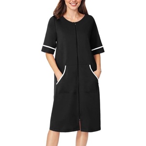 image:imageEkouaer Zip Up Robes for Women Short Zipper Front House Coats with Pockets  Short Sleeve Soft Duster Housecoat Ladies Robes Stretchy Zip Front Nightgown Lounger RobeBlack