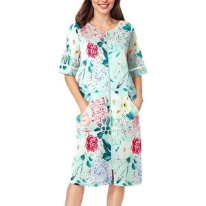 image:imageEkouaer Zip Up Robes for Women Short Zipper Front House Coats with Pockets  Short Sleeve Soft Duster Housecoat Ladies Robes Stretchy Zip Front Nightgown Lounger RobeGreen Flower