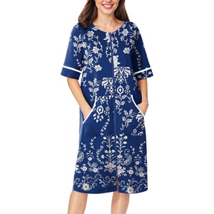 image:imageEkouaer Zip Up Robes for Women Short Zipper Front House Coats with Pockets  Short Sleeve Soft Duster Housecoat Ladies Robes Stretchy Zip Front Nightgown Lounger RobeNavy Floral