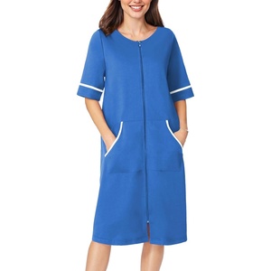 image:imageEkouaer Zip Up Robes for Women Short Zipper Front House Coats with Pockets  Short Sleeve Soft Duster Housecoat Ladies Robes Stretchy Zip Front Nightgown Lounger RobeBlue