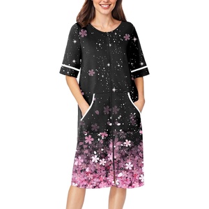 image:imageEkouaer Zip Up Robes for Women Short Zipper Front House Coats with Pockets  Short Sleeve Soft Duster Housecoat Ladies Robes Stretchy Zip Front Nightgown Lounger RobeCherry Blossoms