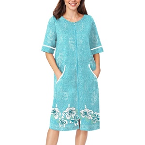 image:imageEkouaer Zip Up Robes for Women Short Zipper Front House Coats with Pockets  Short Sleeve Soft Duster Housecoat Ladies Robes Stretchy Zip Front Nightgown Lounger RobeGreen Floral