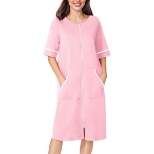 image:imageEkouaer Zip Up Robes for Women Short Zipper Front House Coats with Pockets  Short Sleeve Soft Duster Housecoat Ladies Robes Stretchy Zip Front Nightgown Lounger RobePink