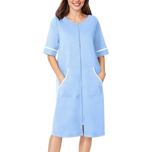 image:imageEkouaer Zip Up Robes for Women Short Zipper Front House Coats with Pockets  Short Sleeve Soft Duster Housecoat Ladies Robes Stretchy Zip Front Nightgown Lounger RobeLight Blue