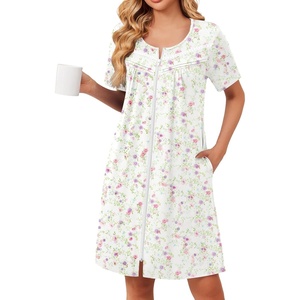 image:imageEkouaer Zipper Robes for Women Short Sleeve Housecoats Zip Up Nightgowns  Lace Lightweight Bathrobes Zipper Front House Coat with Pockets Soft Sleepwear Mumu Cute PrintWhite Colorful Florals