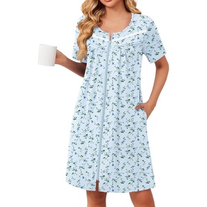 image:imageEkouaer Zipper Robes for Women Short Sleeve Housecoats Zip Up Nightgowns  Lace Lightweight Bathrobes Zipper Front House Coat with Pockets Soft Sleepwear Mumu Cute PrintFlower Light Blue