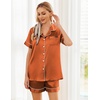 image:imageEkouaer Womens Silk Satin Pajama Sets Soft Short Sleeve Button Down Sleepwear Top and Shorts 2 Piece Pjs Lounge SetCaramel