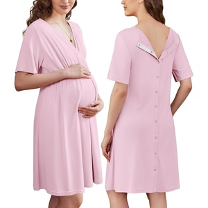 image:imageEkouaer Labor and Delivery Gown for Hospital V Neck Maternity Nursing Dress  Birthing Gown Open Back Button closure Skinfriendly Short Sleeve Split Front Flap Stretchy Breastfeeding CsectionLight Pink