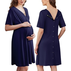 image:imageEkouaer Labor and Delivery Gown for Hospital V Neck Maternity Nursing Dress  Birthing Gown Open Back Button closure Skinfriendly Short Sleeve Split Front Flap Stretchy Breastfeeding CsectionNavy Blue