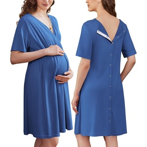 image:imageEkouaer Labor and Delivery Gown for Hospital V Neck Maternity Nursing Dress  Birthing Gown Open Back Button closure Skinfriendly Short Sleeve Split Front Flap Stretchy Breastfeeding CsectionGrey Blue