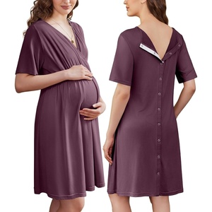 image:imageEkouaer Labor and Delivery Gown for Hospital V Neck Maternity Nursing Dress  Birthing Gown Open Back Button closure Skinfriendly Short Sleeve Split Front Flap Stretchy Breastfeeding CsectionPurple Red