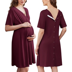 image:imageEkouaer Labor and Delivery Gown for Hospital V Neck Maternity Nursing Dress  Birthing Gown Open Back Button closure Skinfriendly Short Sleeve Split Front Flap Stretchy Breastfeeding CsectionMaroon