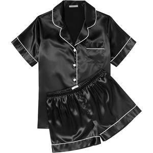 image:imageEkouaer Womens Silk Satin Pajama Sets Soft Short Sleeve Button Down Sleepwear Top and Shorts 2 Piece Pjs Lounge SetBlack