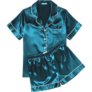 image:imageEkouaer Womens Silk Satin Pajama Sets Soft Short Sleeve Button Down Sleepwear Top and Shorts 2 Piece Pjs Lounge SetLake Blue