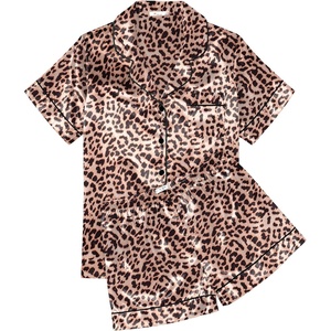 image:imageEkouaer Womens Silk Satin Pajama Sets Soft Short Sleeve Button Down Sleepwear Top and Shorts 2 Piece Pjs Lounge SetLeopard