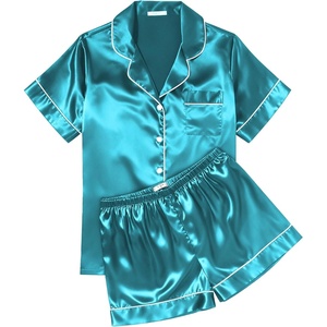 image:imageEkouaer Womens Silk Satin Pajama Sets Soft Short Sleeve Button Down Sleepwear Top and Shorts 2 Piece Pjs Lounge SetPeacock Blue