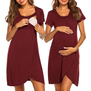 image:imageNursing Nightgown Short Sleeve Breasfeeding Birthing Gown Maternity Dress  Nursing Nightgown for Women Short Sleeve Nursing Gown Design for Beastfeeding Access and Hospital Stay Postpartum RecoveryWine Red