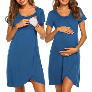 image:imageNursing Nightgown Short Sleeve Breasfeeding Birthing Gown Maternity Dress  Nursing Nightgown for Women Short Sleeve Nursing Gown Design for Beastfeeding Access and Hospital Stay Postpartum RecoveryBlue