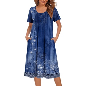 image:imageEkouaer Nightgowns for Women Short Sleeve Pleated House Dress with Pockets  Floral Print Moo Moos Soft Mumu Dress SkinFriendly No SeeThrough Elegant Lounge Dress for Daliy Lounge SleepingEthnic Print Blue
