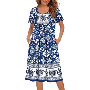 image:imageEkouaer Nightgowns for Women Short Sleeve Pleated House Dress with Pockets  Floral Print Moo Moos Soft Mumu Dress SkinFriendly No SeeThrough Elegant Lounge Dress for Daliy Lounge SleepingBlue Bohemian Flowers