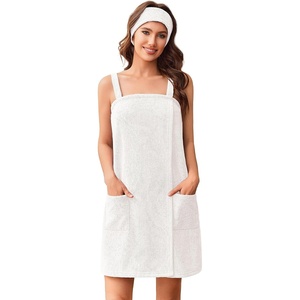 image:imageEkouaer Towel Robe for Women Short Spa Bath Wrap Towel Wrap Shower Robe  Absorbent Material Headband Strap PocketsWhite