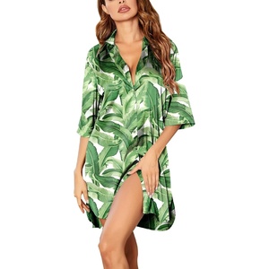 image:imageEkouaer Womens Satin Button Down Nightshirt 34 Sleeve Boyfriend Nightgown  Notch Collar Sleepshirt Satin Slip Pajama Dress Sexy Outdoor Shirt Dress Bridal Party Gown Pajama Party Nightwear S3XlHawaiian Leaves White