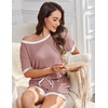 image:imageEkouaer Womens Ribbed Knit Pajama Set Short Sleeve Top Shorts PJs  Pajama Sets for Women 2 Piece with Crew Neck Contrast Design Ribbed Knit Sleepwear Side Pockets Drawstring WaistbandNude Pink