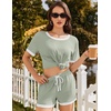 image:imageEkouaer Womens Ribbed Knit Pajama Set Short Sleeve Top Shorts PJs  Pajama Sets for Women 2 Piece with Crew Neck Contrast Design Ribbed Knit Sleepwear Side Pockets Drawstring WaistbandMint Green